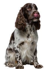 Elegance of the Spaniel: A sophisticated English Springer Spaniel displays a moment of charm, its distinctive coat patterns creating a portrait of canine grace, captured in a pristine setting.