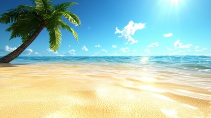 Obraz premium Idyllic Tropical Beach Scene with Palm Tree and Clear Ocean
