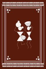 Village Women carrying water on their heads concept of Warli art isolated on dark brown background - vector illustration