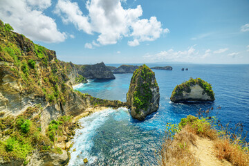 Scenic cliff islands and Diamond Beach at Nusa Penida, Indonesia