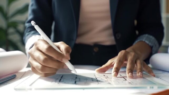 Close-up of a persons hands working on a blueprint with a pen and ruler.
