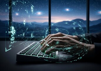 Futuristic digital network visualization overlaying hands typing on a keyboard representing global data science and cybersecurity concepts
