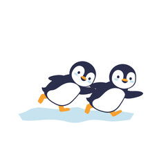 Naklejka premium Two playful penguins running on ice, conveying joy and movement.