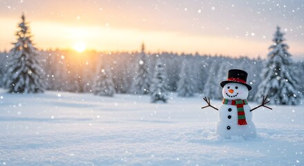 A fun cartoon snowman in a winter forest landscape with a scarf, hat, and carrot nose, perfect for a Christmas or holiday greeting card illustration