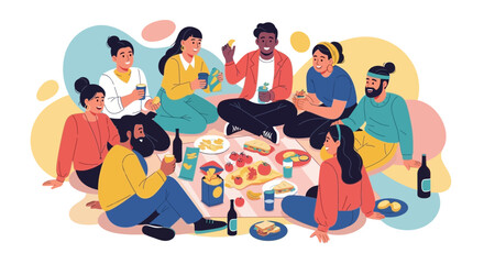 Group Enjoying Food And Drinks During A Gathered Outdoor Picnic Together