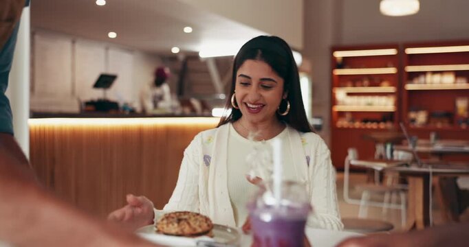 Cafe, customer service and waiter with plate for friends, bagel and surprise for quick hospitality. Man, woman and client with server for food in restaurant with wow, smile and eating lunch order