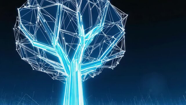 High-tech abstract tree structure made of glowing polygonal connections and bright neon lines visualizes digital growth, innovation, neural networks, the concept of artificial biological intelligence.