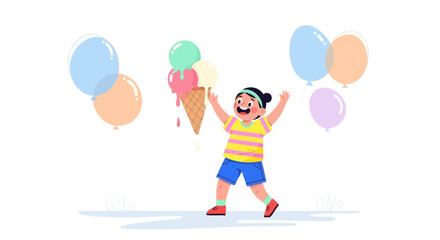 Naklejka premium Happy Child Enjoying Delicious Ice Cream Next To Colorful Balloons For Joyful Moments