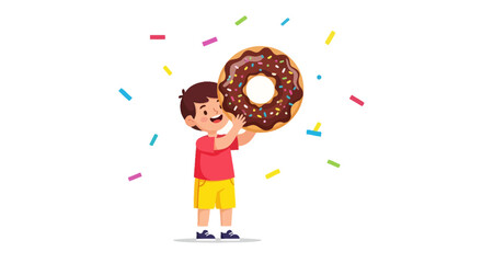 Happy child holding a giant donut, celebrating with colorful sprinkles in a cartoon illustration
