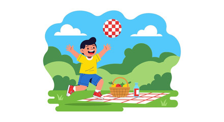 Fototapeta premium Happy child playing outside, park picnic, with ball, sky and nature illustration