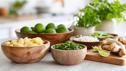 Fresh Ingredients for Cooking with Ginger, Lime, and Herbs on a Kitchen Countertop