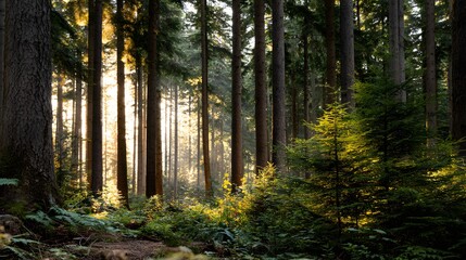 Obraz premium Sunlight Filtering Through Tall Trees in a Serene Forest During Early Morning Hours