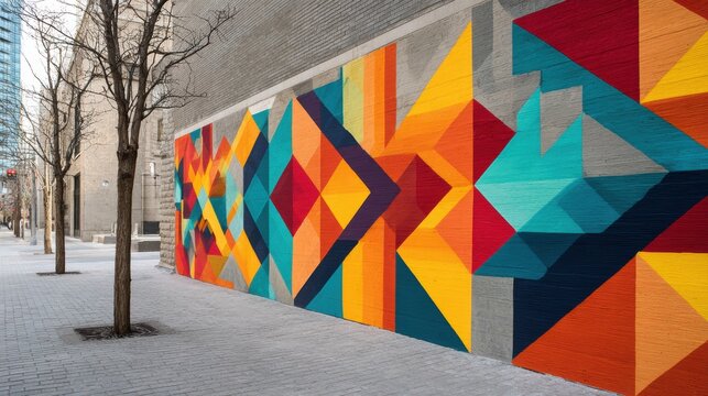 Vibrant Geometric Mural on Urban Wall in City Street with Trees and Bright Colors