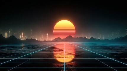 Retro style sunset over water with grid lines and distant city lights.