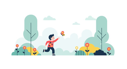 Happy child chases a butterfly in the park during a sunny day flat vector illustration