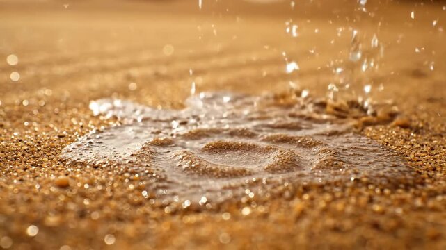 Gentle slow motion raindrops slowly create delicate patterns as they softly impact the dry, absorbent surface of desert sand cleansing, absorbent, natural
