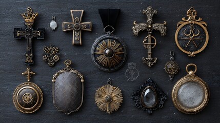 Ornate Collection of Various Cross and Pendant Jewelry in Black and Gold on Dark Background