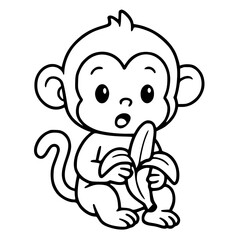Fototapeta premium Vector for coloring, cute cartoon monkey surprised, and holding a banana
