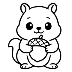 Vector for coloring, cute smiling squirrel cartoon carrying a nut