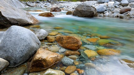 Serene River Flowing Over Colorful Stones Under Soft Natural Light in a Tranquil Landscape