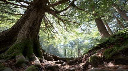 Majestic Trees Reaching for Sunlight in a Lush Forest Clearing during a Sunny Day