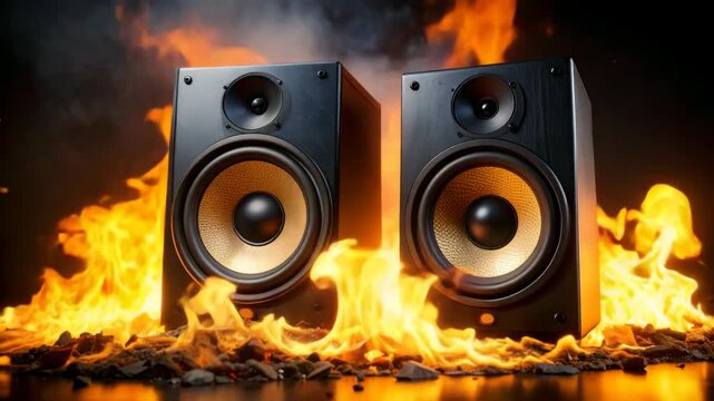 Pair of speakers engulfed in dramatic fire flames against a dark background, symbolizing intense sound and fiery performance