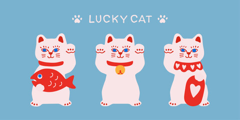 Kawaii three lucky cat illustration set in modern vector style. maneki neko characters bringing charm, love, and good fortune