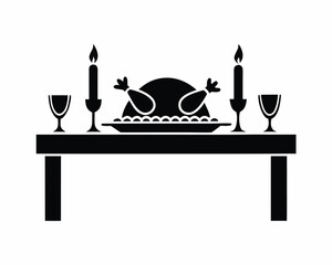 Thanksgiving dinner table with roasted turkey and candles icon, holiday scene vector isolated on white background