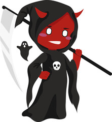 Cartoon Devil with Scythe and Ghost Illustration