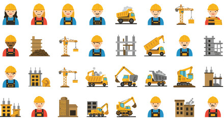 Fototapeta premium A collection of colorful construction icons, including workers, trucks, cranes, and building elements, ideal for design projects.