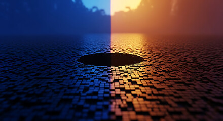 A surreal landscape split between blue and orange light, featuring a dark hole.