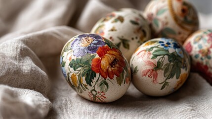 Hand-painted Easter eggs with detailed floral designs on a rustic fabric background