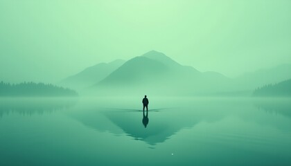 Fototapeta premium a person standing alone in a serene lakeside setting with vast mountains in the background