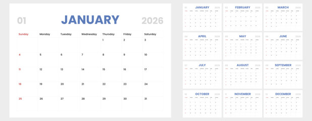 Clean monthly calendar template for 2026. Year 2026 calendar layout with daily planner.