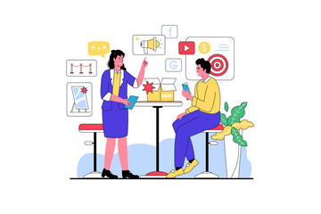 New Product Launch Plan Flat Vector Illustration with Figures Red and White High Stools Yellow Bubble and Targets