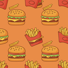 A playful pattern featuring burgers and fries on an orange background.