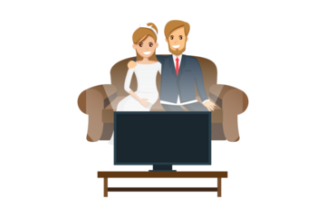 Newlyweds Watching Television on Brown Couch with Transparent Backdrop and Light Hair Color and Dark Screen and Dark Suit for Him and White Gown for Her