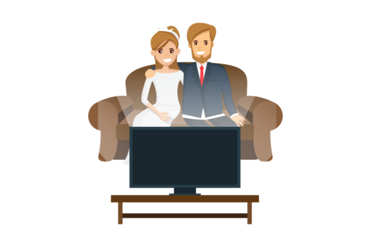 Newlyweds Watching Television on Brown Couch with Transparent Backdrop and Light Hair Color and Dark Screen and Dark Suit for Him and White Gown for Her - Powered by Adobe