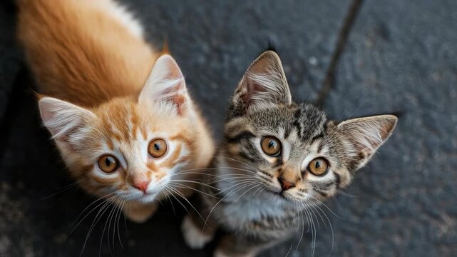 Curious orange and brown kittens looking up on pavement