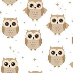 A whimsical pattern featuring cute owls surrounded by stars, ideal for fabric or wallpaper design.