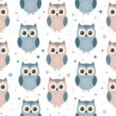 A whimsical pattern featuring cute owls and stars in pastel colors.