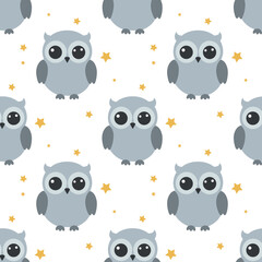 A repeating pattern of cute gray owls surrounded by yellow stars on a white background.