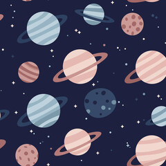 A whimsical pattern featuring various planets and stars against a dark background.