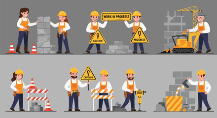 A collection of construction workers in various poses, demonstrating teamwork and building a structure with tools and safety signs.