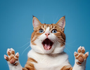 Surprised, shocked cat face with paws on head on blue background with copy space.  A cat with blue eyes.