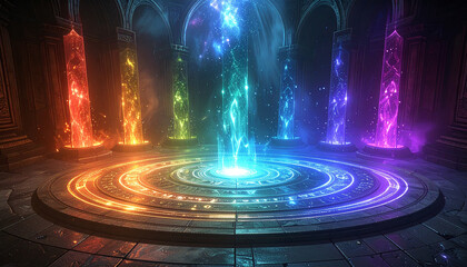 光の柱が立ち上るファンタジックな魔法陣	
