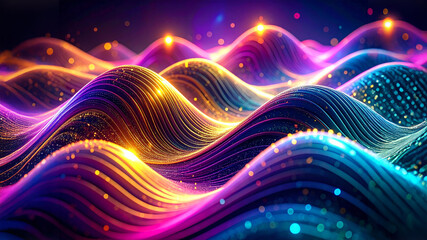 Abstract digital wave pattern. Glowing neon light trails. Futuristic technology concept. Vibrant color energy. Metaverse network visualization. Data flow.