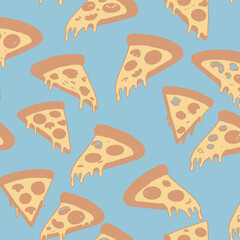 A playful pattern featuring slices of pizza with melting cheese on a light blue background.
