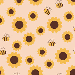 A playful pattern featuring sunflowers and bees on a soft background.