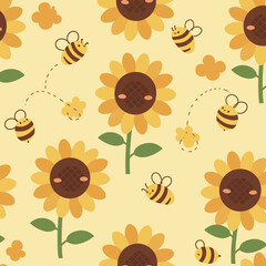 A cheerful pattern featuring sunflowers and bees on a light yellow background.